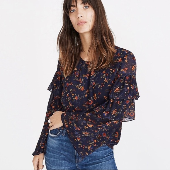 Madewell Navy Blue Tiered Ruffle Sleeve Blouse, Size M, NWT - Picture 8 of 9